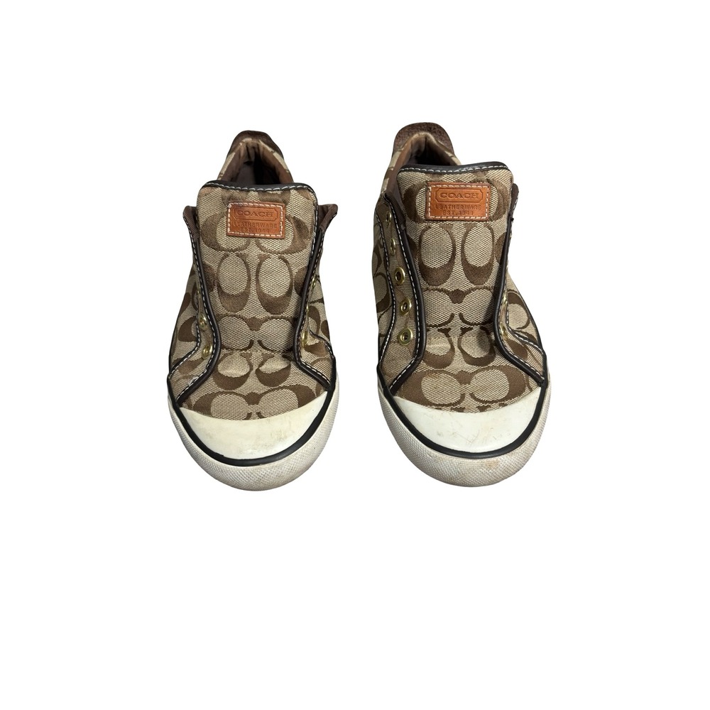 Coach Barrett Signature Jacquard Sneakers Size 9.5B Brown Khaki Canvas Leather